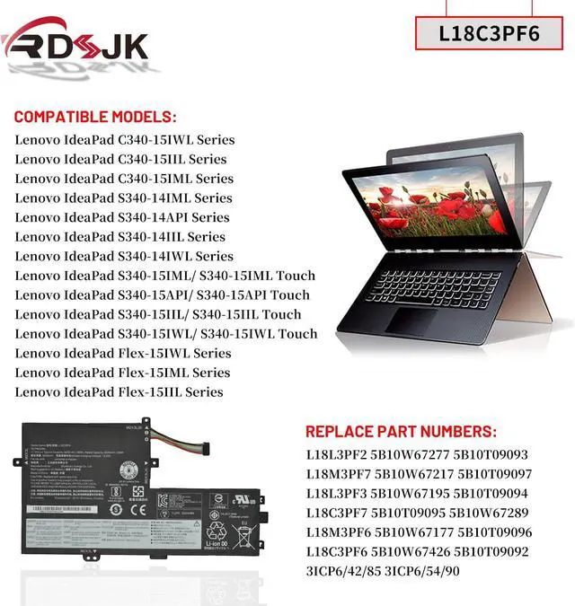 Alt view image 2 of 6 - L18L3PF2 L18L3PF3 L18M3PF7 L18C3PF7 L18M3PF6 L18C3PF6 Laptop Battery for Lenovo IdeaPad S340 S340-14API S340-14IIL/14IML S340-14IWL S340-15IWL S340-15API/15IIL S340-15IML C340-15IWL C340-15IIL Series