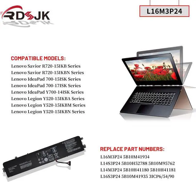 Alt view image 3 of 7 - L14M3P24 L14S3P24 L16M3P24 L16S3P24 Laptop Battery for Lenovo Ideapad Xiaoxin 700 700-15ISK 700-17ISK R720 Y700-14ISK Legion Y520-15IKB Y520-15IKBA Y520-15IKBM Y520-15IKBN Y720-14ISK 11.52V/11.1V 45Wh