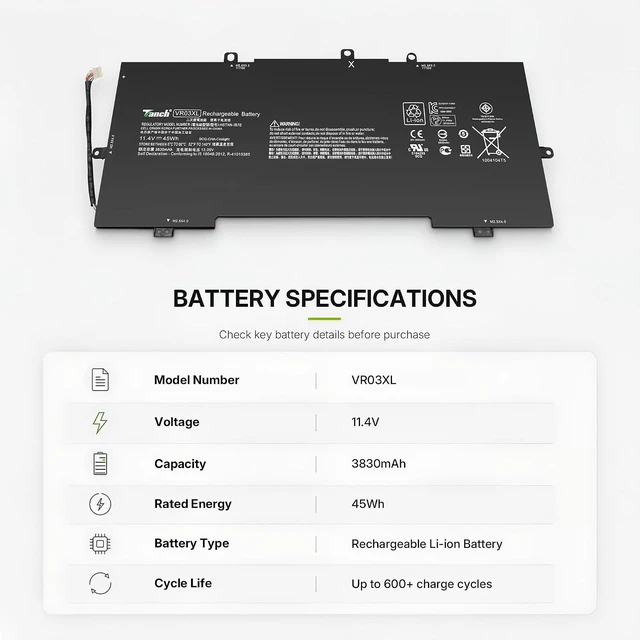 Alt view image 2 of 6 - Tanch VR03XL Laptop Battery VR03045 816497-1C1 816243-005 816238-850 TPN-C120 Replacement for HP Envy 13-d001ns 13-d117tu 11,4V 3950mAh 45Wh