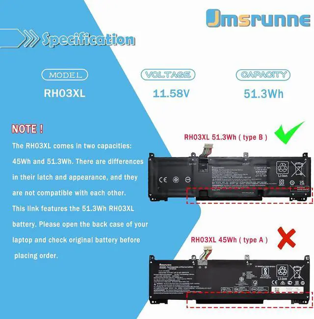Alt view image 2 of 7 - 51.3Wh RH03XL Laptop Battery Replacement for HP Probook 440 G10/445 G9 G10/450 G10/455 G10/460 EliteBook 640 G9 G10/655 G10/650 G10 Series 11.58V