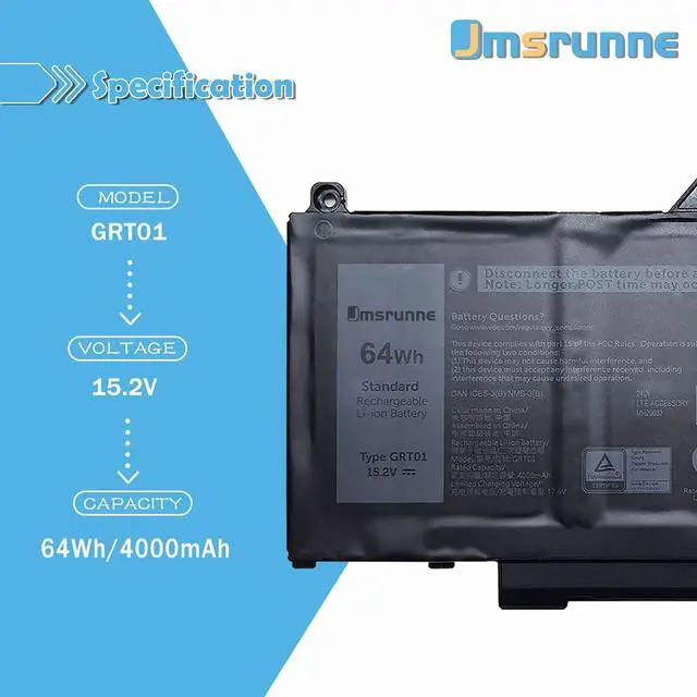Alt view image 2 of 7 - 64Wh GRT01 Laptop Battery Compatible with Dell Latitude 5521 5421 5431 5531 Precision 3470 3571 3581 3561 3591 Mobile Workstation Alienware m17 R5 AMD Gaming 00P3TJ 0P3TJ 05RGW 0R05P0 4-Cell