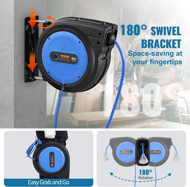 Alt view image 6 of 7 - VEVOR Retractable Extension Cord Reel, 80 FT, Heavy Duty 12AWG/3C SJTOW Retractable Power Cord with Lighted Triple Tap Outlet, 15 Amp Circuit Breaker 180° Swivel Bracket for Ceiling or Wall Mount