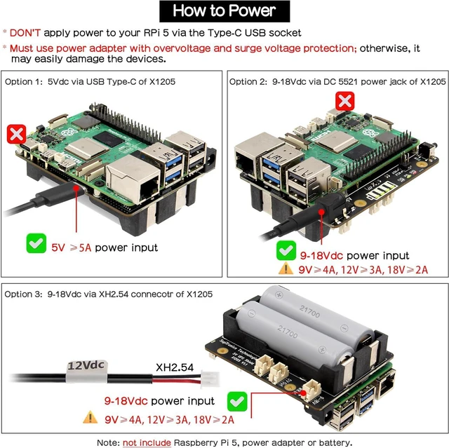 Alt view image 3 of 7 - Geekworm X1205 5V UPS HAT Expansion Board for Raspberry Pi 5 | Max 5.1V 6A Output, Wide 9-18V Input, Auto Power On, Safe Shutdown, Power Loss Detection Function, Batteries NOT Included