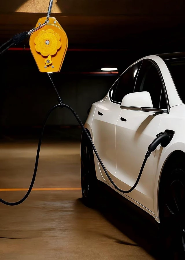 Alt view image 2 of 7 - EV Charger Retractable Cord Reel, Cable Retractor, Ceiling-Mount Counterbalance, 9.8 ft Reach, One-Handed, Fits Tesla (NACS)/J1772, 2-Car Garages