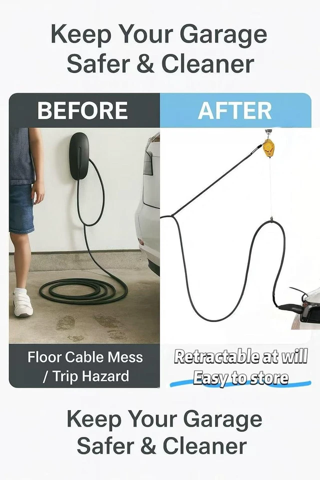 Alt view image 3 of 7 - EV Charger Retractable Cord Reel, Cable Retractor, Ceiling-Mount Counterbalance, 9.8 ft Reach, One-Handed, Fits Tesla (NACS)/J1772, 2-Car Garages