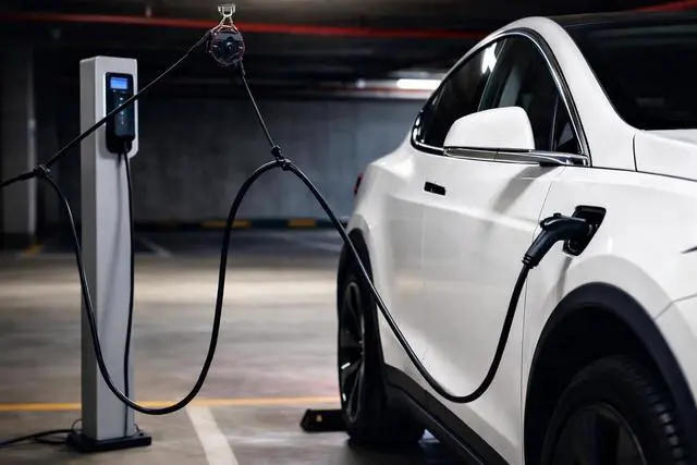 Alt view image 2 of 7 - EV Charger Retractable Cord Reel, Cable Retractor, Ceiling-Mount Counterbalance, 6.6 ft Reach, One-Handed Fits Tesla and Other EVs - NACS, J1772