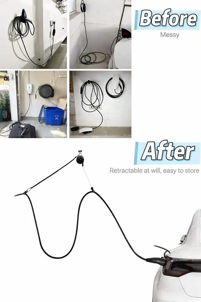 Alt view image 4 of 7 - EV Charger Retractable Cord Reel, Cable Retractor, Ceiling-Mount Counterbalance, 6.6 ft Reach, One-Handed Fits Tesla and Other EVs - NACS, J1772
