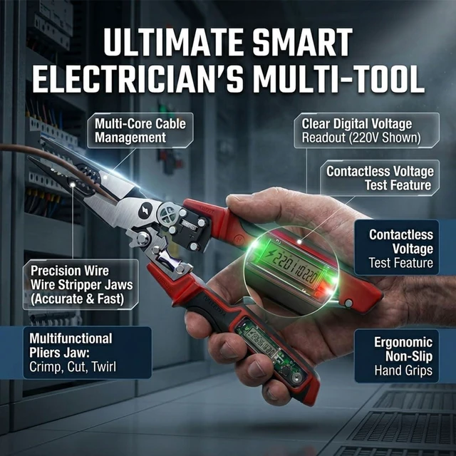 Alt view image 2 of 7 - 4-in-1 Wire Stripping and Testing Pliers Includes Voltage Tester, Screwdriver, Wire Stripper & Long Nose Pliers, Multi-Functional Digital Wire Stripper for Daily Repair Work (Red)