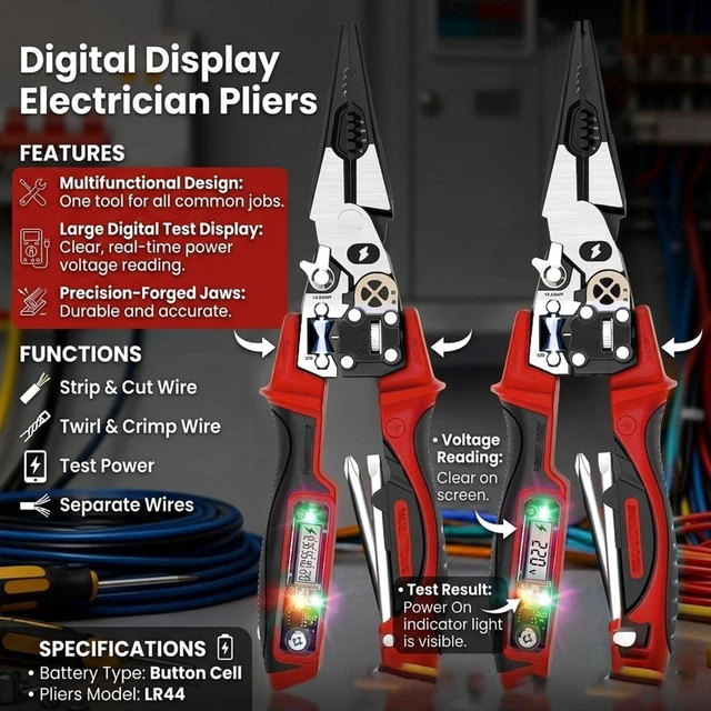 Alt view image 3 of 7 - 4-in-1 Wire Stripping and Testing Pliers Includes Voltage Tester, Screwdriver, Wire Stripper & Long Nose Pliers, Multi-Functional Digital Wire Stripper for Daily Repair Work (Red)