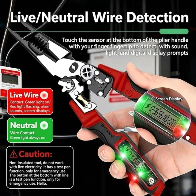 Alt view image 4 of 7 - 4-in-1 Wire Stripping and Testing Pliers Includes Voltage Tester, Screwdriver, Wire Stripper & Long Nose Pliers, Multi-Functional Digital Wire Stripper for Daily Repair Work (Red)