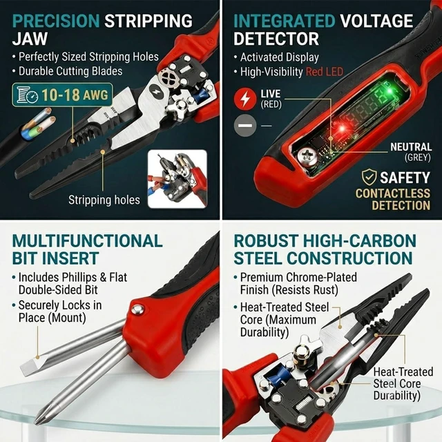 Alt view image 5 of 7 - 4-in-1 Wire Stripping and Testing Pliers Includes Voltage Tester, Screwdriver, Wire Stripper & Long Nose Pliers, Multi-Functional Digital Wire Stripper for Daily Repair Work (Red)