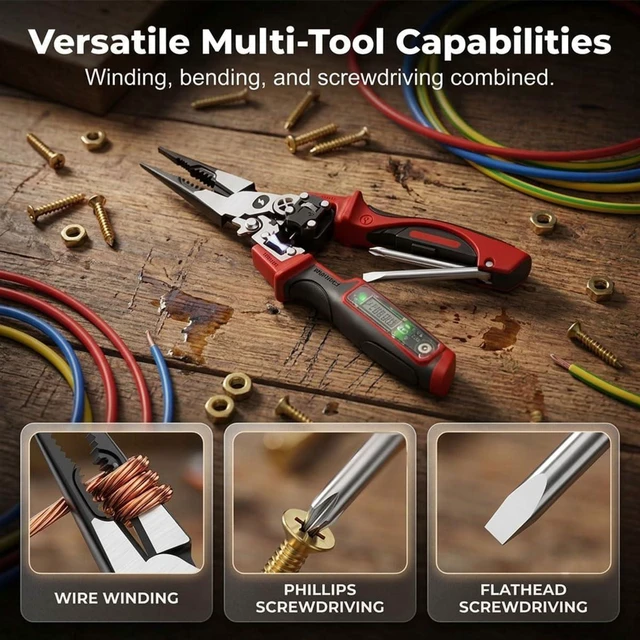 Alt view image 6 of 7 - 4-in-1 Wire Stripping and Testing Pliers Includes Voltage Tester, Screwdriver, Wire Stripper & Long Nose Pliers, Multi-Functional Digital Wire Stripper for Daily Repair Work (Red)