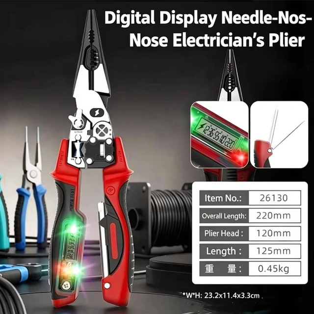 Alt view image 7 of 7 - 4-in-1 Wire Stripping and Testing Pliers Includes Voltage Tester, Screwdriver, Wire Stripper & Long Nose Pliers, Multi-Functional Digital Wire Stripper for Daily Repair Work (Red)