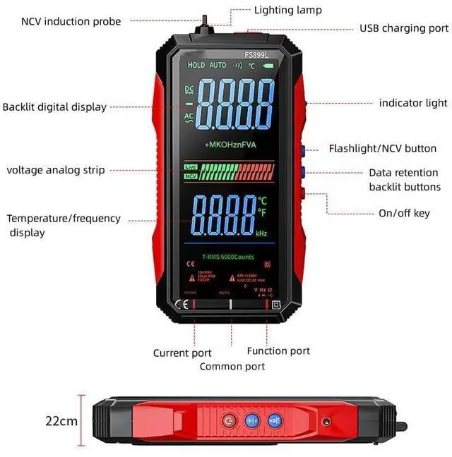 Alt view image 3 of 7 - Digi tal MUL timeter, USB Rechargeable Digital MUL timeter 6000 Counts,Large Color Screen & Backlight! Fs899l Multimeter,USB Rechargeable Multimeter 6000 Counts Digital Voltmeter (FS899L)