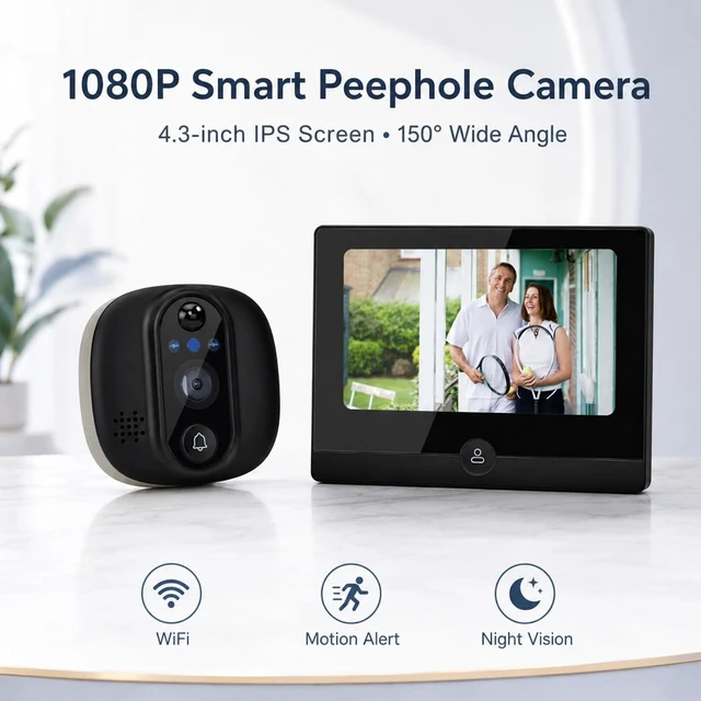 Alt view image 5 of 7 - 1080P Smart Video Doorbell Camera, Doorbell Camera with 4.3 Inch Screen, 2-Way Audio, PIR Motion Detection, Night Vision, 150° Wide Angle, Compatible with Tuya App (Black)