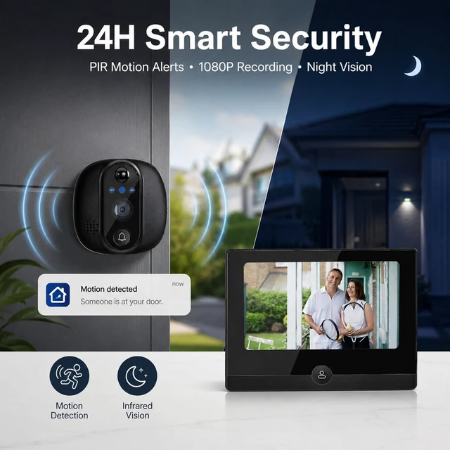 Alt view image 4 of 7 - 1080P Smart Video Doorbell Camera, Doorbell Camera with 4.3 Inch Screen, 2-Way Audio, PIR Motion Detection, Night Vision, 150° Wide Angle, Compatible with Tuya App (Black)