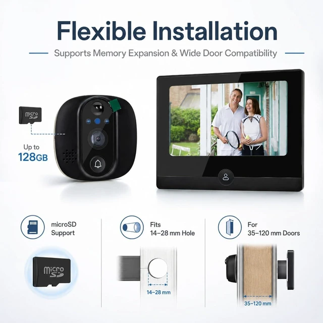 Alt view image 7 of 7 - 1080P Smart Video Doorbell Camera, Doorbell Camera with 4.3 Inch Screen, 2-Way Audio, PIR Motion Detection, Night Vision, 150° Wide Angle, Compatible with Tuya App (Black)