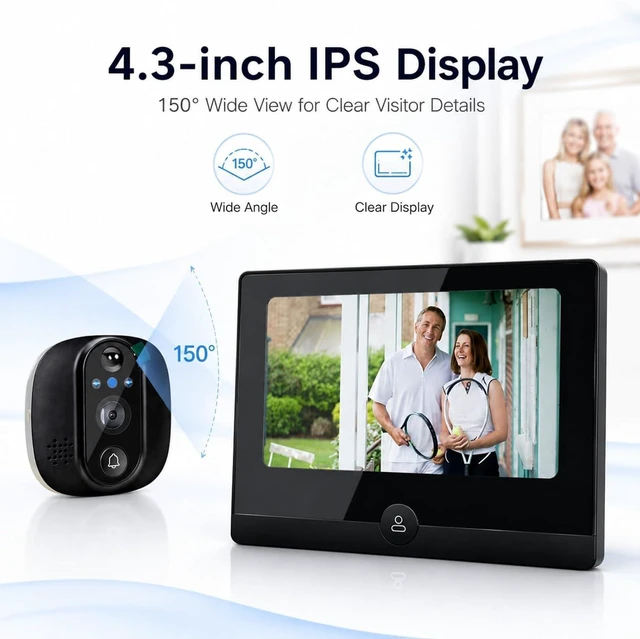 Alt view image 2 of 7 - 1080P Smart Video Doorbell Camera, Doorbell Camera with 4.3 Inch Screen, 2-Way Audio, PIR Motion Detection, Night Vision, 150° Wide Angle, Compatible with Tuya App (Black)