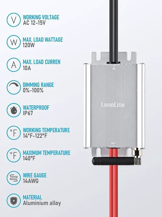 Alt view image 3 of 7 - LEONLITE 120W AC Low Voltage Dimmer for Landscape Lighting, 12V-15V AC Working Voltage, 0%-100% Dimming Range, IP67 Waterproof, 100% Compatible with LEONLITE Landscape Light Fixtures