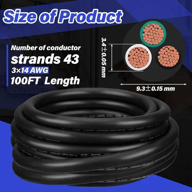 Alt view image 2 of 6 - Copkim 3 Conductor Portable Power Cable SJOOW 300V Electrical Wire Pure Copper Heavy Duty Rubber Outdoor Extension Cord for Motor Machinery Marines Automotive (14 AWG,100 FT)
