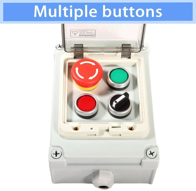Alt view image 3 of 7 - Push Button Switch Box ABS Emergency Stop Red Green Momentary Button 4 Self Resetting Indicator Led Protective Cover