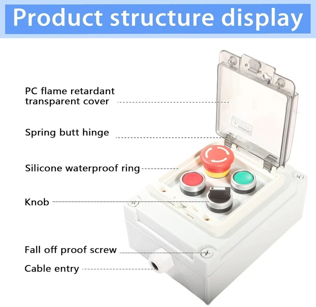 Alt view image 7 of 7 - Push Button Switch Box ABS Emergency Stop Red Green Momentary Button 4 Self Resetting Indicator Led Protective Cover