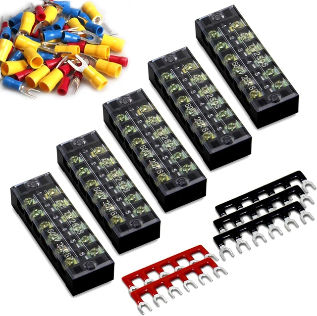 Main image of Terminal Block and Strip - 5pcs 6 Positions 600V 25A Dual Row Screw Terminals Strip with Cover+5pcs Pre-Insulated Barrier Jumper Strips Black & Red + Spade Fork Wire Connectors