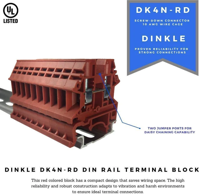 Alt view image 2 of 7 - Dinkle DK4N-RD DIN Rail Terminal Block, Screw Type UL 600V 30A 10-22AWG, Red (Pack of 100)