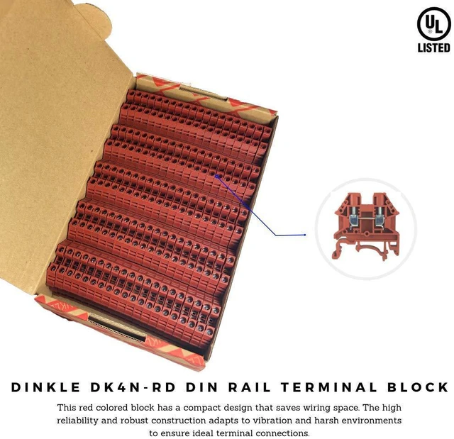 Alt view image 3 of 7 - Dinkle DK4N-RD DIN Rail Terminal Block, Screw Type UL 600V 30A 10-22AWG, Red (Pack of 100)