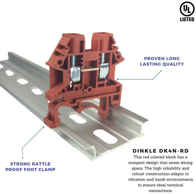 Alt view image 4 of 7 - Dinkle DK4N-RD DIN Rail Terminal Block, Screw Type UL 600V 30A 10-22AWG, Red (Pack of 100)