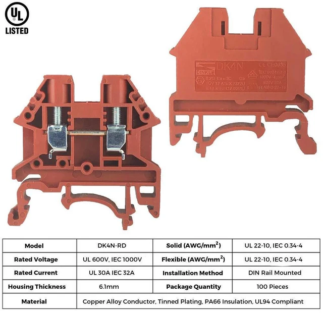 Alt view image 5 of 7 - Dinkle DK4N-RD DIN Rail Terminal Block, Screw Type UL 600V 30A 10-22AWG, Red (Pack of 100)