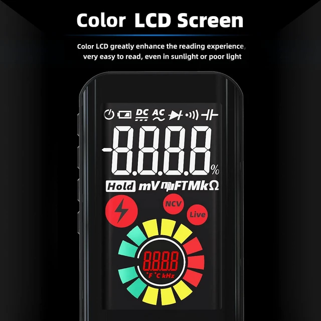 Alt view image 3 of 7 - Digital Multimeter Rechargeable with Smart Mode Color LCD 3 Results Display 6000 Counts Auto-Ranging Ohmmeter Capacitance Diode Resistance Hz Duty Cycle NCV Live Check Hold Voltage Tester
