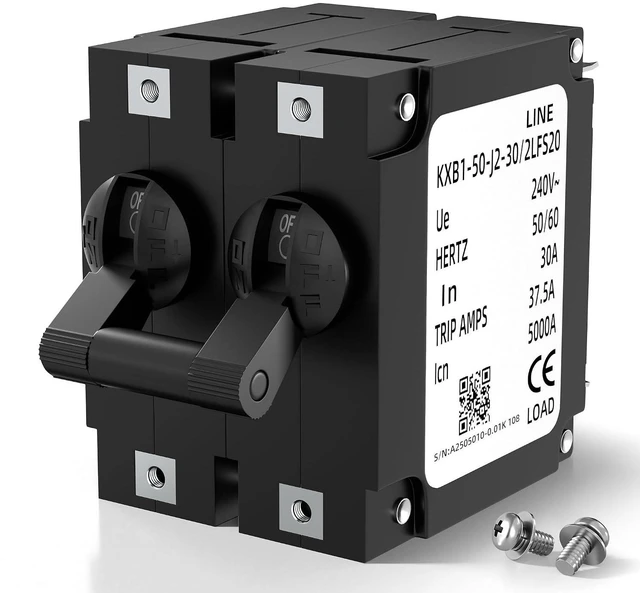 Main image of Joinfworld Double Pole Toggle Circuit Breaker, 30 Amp 80V DC/240V AC for RV, Marine, Automation, Home Devices