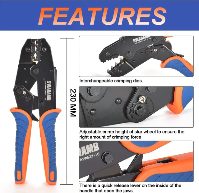 Alt view image 2 of 5 - Wire Crimping Tool Set Ratcheting Wire Crimper Tool with 9pcs Interchangeable Dies For End-sleeves Ferrule and Insulated and Non-insulated Connectors Terminal