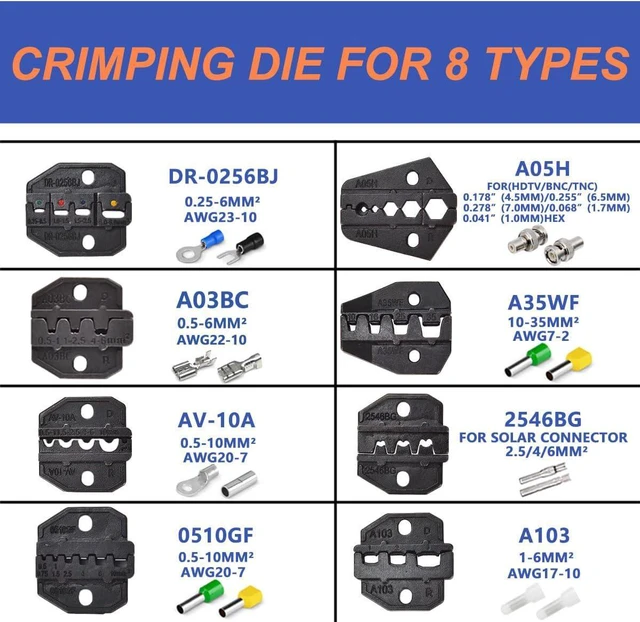 Alt view image 3 of 5 - Wire Crimping Tool Set Ratcheting Wire Crimper Tool with 9pcs Interchangeable Dies For End-sleeves Ferrule and Insulated and Non-insulated Connectors Terminal
