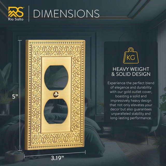 Alt view image 5 of 7 - Rio Salto Botanical Pearl Wall Plate, Gold Metal Light Switch Cover, Decorative Outlet Covers Light Plate Switch Cover (Brushed Brass, 1 Duplex 2PK)