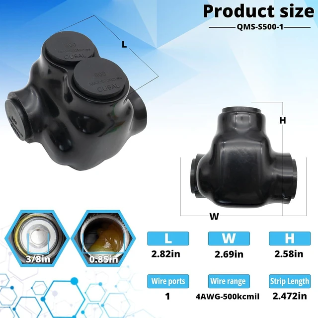 Alt view image 3 of 5 - 4AWG-500kcmil Wire Range Black Insulated in-Line Splice Connector Single Side 1 Port 2.82L x 2.69W x 2.58H, Insulated Cable Connectors and Insulated Splice Connector (1pc)