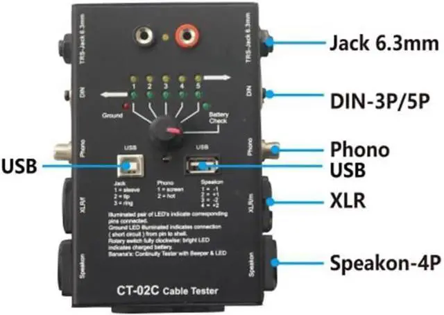 Alt view image 2 of 7 - CT-02C Multi-Function Line Tester XLR Signal Line Meter 6.3mm Jack Cable Tester 4-Pin Speakon Cable Tester