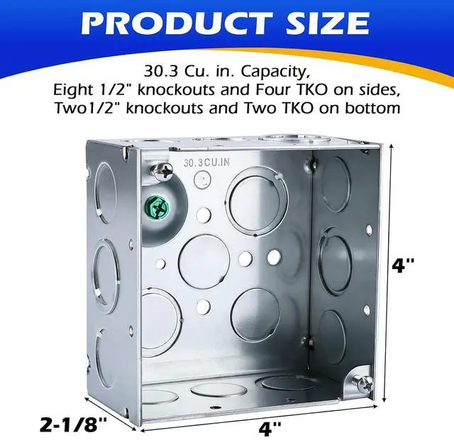Alt view image 2 of 6 - 12-Pack Deep Square Electrical Box, 4 x 4 x 2-1/8 Inch Galvanized Steel Junction Box 30.3 Cu. in. Capacity with Multiple Knockouts