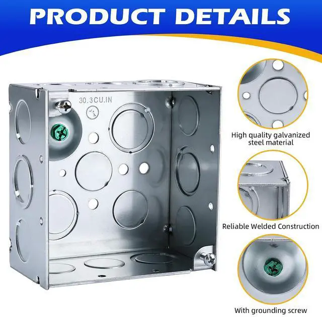 Alt view image 4 of 6 - 12-Pack Deep Square Electrical Box, 4 x 4 x 2-1/8 Inch Galvanized Steel Junction Box 30.3 Cu. in. Capacity with Multiple Knockouts