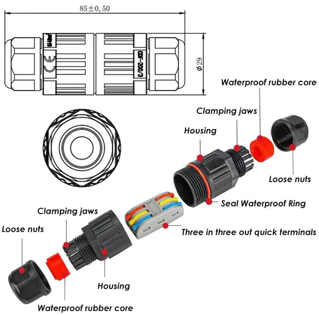 Alt view image 2 of 6 - 2-Piece Waterproof Connector/Underground Waterproof Cable Connector for Outdoor, Wetland, etc. (Wire Connector 3 Pin) Black, Black, Wire connector 3 Pin