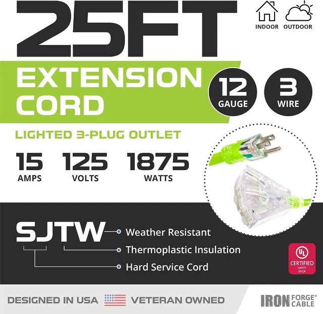 Alt view image 2 of 7 - Iron Forge Cable 12 Gauge Extension Cord 25 ft 3 Outlet Pigtail, 12/3 Heavy Duty Extension Cord with Multiple Outlets 3 Prong, SJTW Neon Green Outdoor Power Cable for Major Appliances, 15 AMP