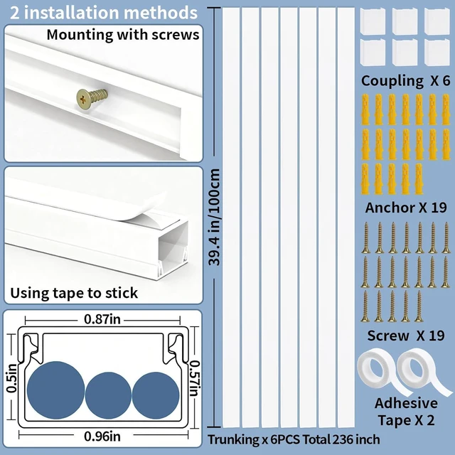 Alt view image 2 of 7 - 236in Cord Hider Kit, Cord Covers for Wires on Wall, Long, Large, Cord Hider for Wall Mount tv, Paintable Cable Raceway, tv Cable Hider Wall kit, Wire Covers for Cords,6X(L39.4in W0.95in H0.5in) White