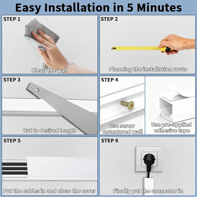 Alt view image 5 of 7 - 236in Cord Hider Kit, Cord Covers for Wires on Wall, Long, Large, Cord Hider for Wall Mount tv, Paintable Cable Raceway, tv Cable Hider Wall kit, Wire Covers for Cords,6X(L39.4in W0.95in H0.5in) White