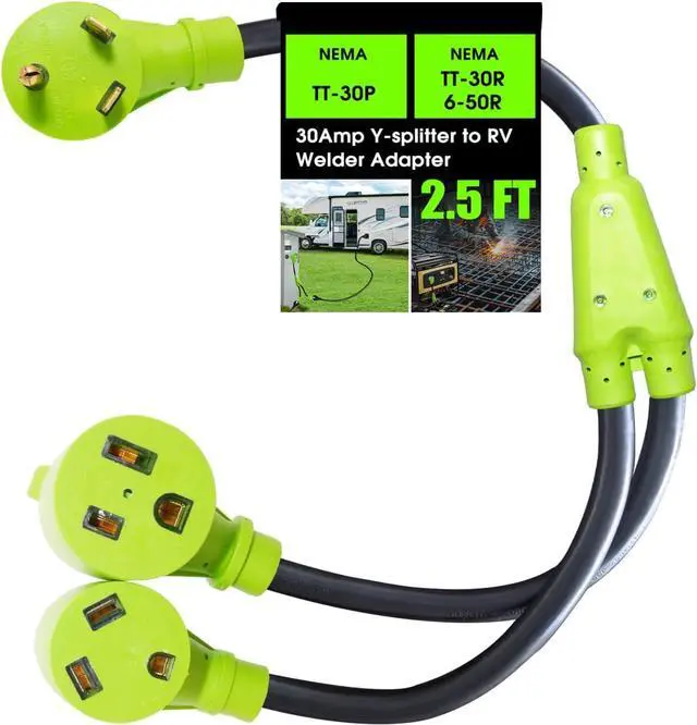Main image of 30 Amp 120V Y Splitter for RV Camping, and Welder, NEMA TT-30P to TT-30R/6-50R Splitter Cord, Adapter for 30Amp RV Charger and 50Amp Welder Adapter, 3/10 AWG, 2.5FT