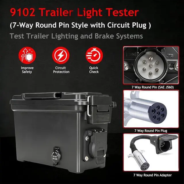 Alt view image 2 of 7 - 9102 7-Way Round Pin Trailer Light Check Box (SAE J560) Suitable for Commercial Trailers | with 7-Way Round Pin Circuit Tester and 7865L Charger | Test