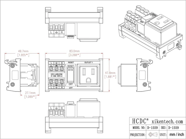 Alt view image 5 of 7 - DIN Rail Mount AC 120V NEMA 5-15R Receptacle Outlet Power Strip Module, with Rocker Switch Thermal Circuit Breaker Overload Protector (1 Outlet)