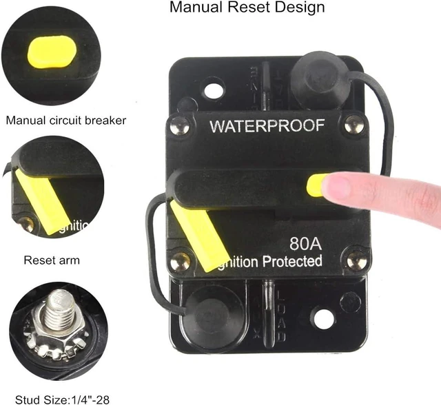Alt view image 3 of 7 - 80 Amp Circuit Breaker 12V- 48V DC Manual Reset Fuse for Trolling Motor Rv Marine Boat Vehicles System Protection Waterproof (80A)