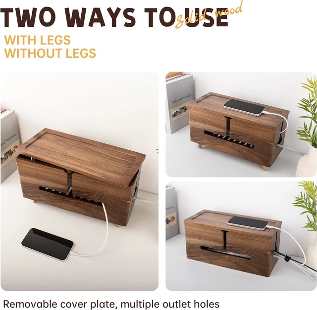 Alt view image 2 of 7 - Large Cable Management Box - Organizer for Electrical Cords and Power Strips - Conceal Desk and Floor Cables - Storage Solution for Cord Hider and Organization (Brown Wood)