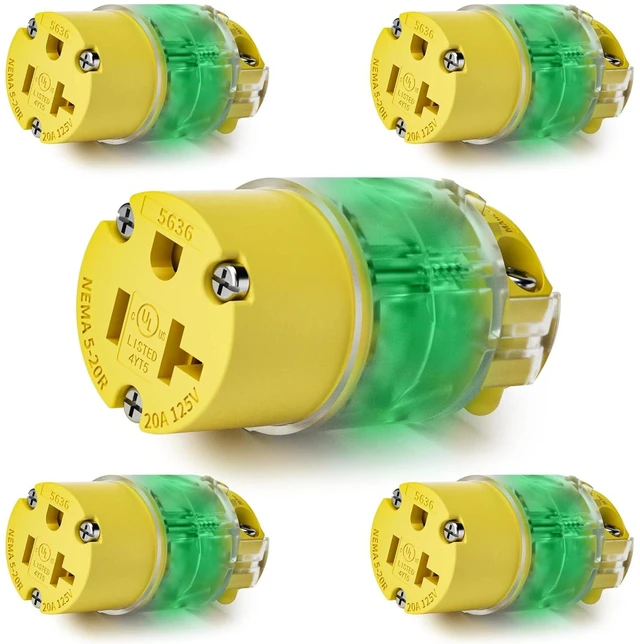 Main image of 5 Pack 20 Amp Extension Cord Ends Lighted Connector Extension Cord Repair Female End, Straight Blade Cord End Replacement, 20 Amp 125Volt, NEMA 5-20R, 2 Pole 3Wire Grounding, UL/CUL Listed